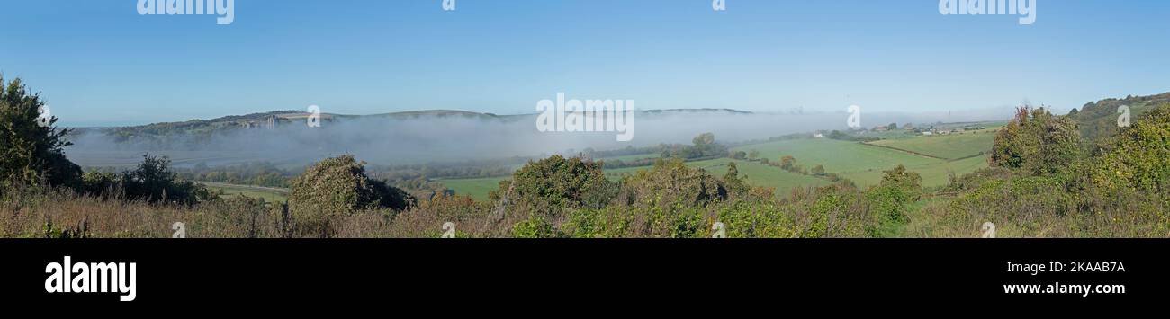 Fog above the valley of River Adur, Lancing College, Shoreham by Sea, panoramic view, Photomerge, South Downs, West Sussex, England, Great Britain Stock Photo