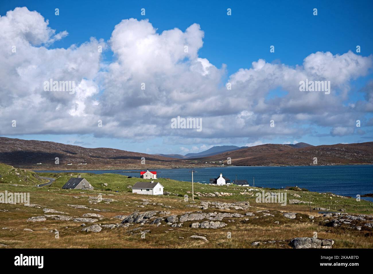 Remote crofts or dwellings on Eriskay in the Outer Hebrides, Scotland, UK. Stock Photo