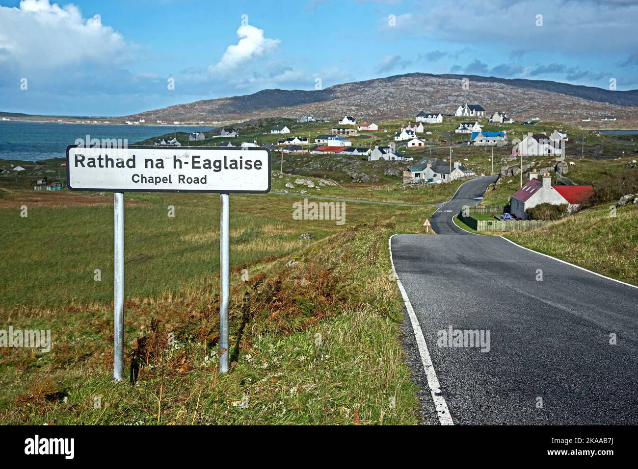 Chapel Road, Rathad na h-Eaglaise, leading to the village, Am Baile, on the Isle of Eriskay, Outer Hebrides, Scotland, UK. Stock Photo