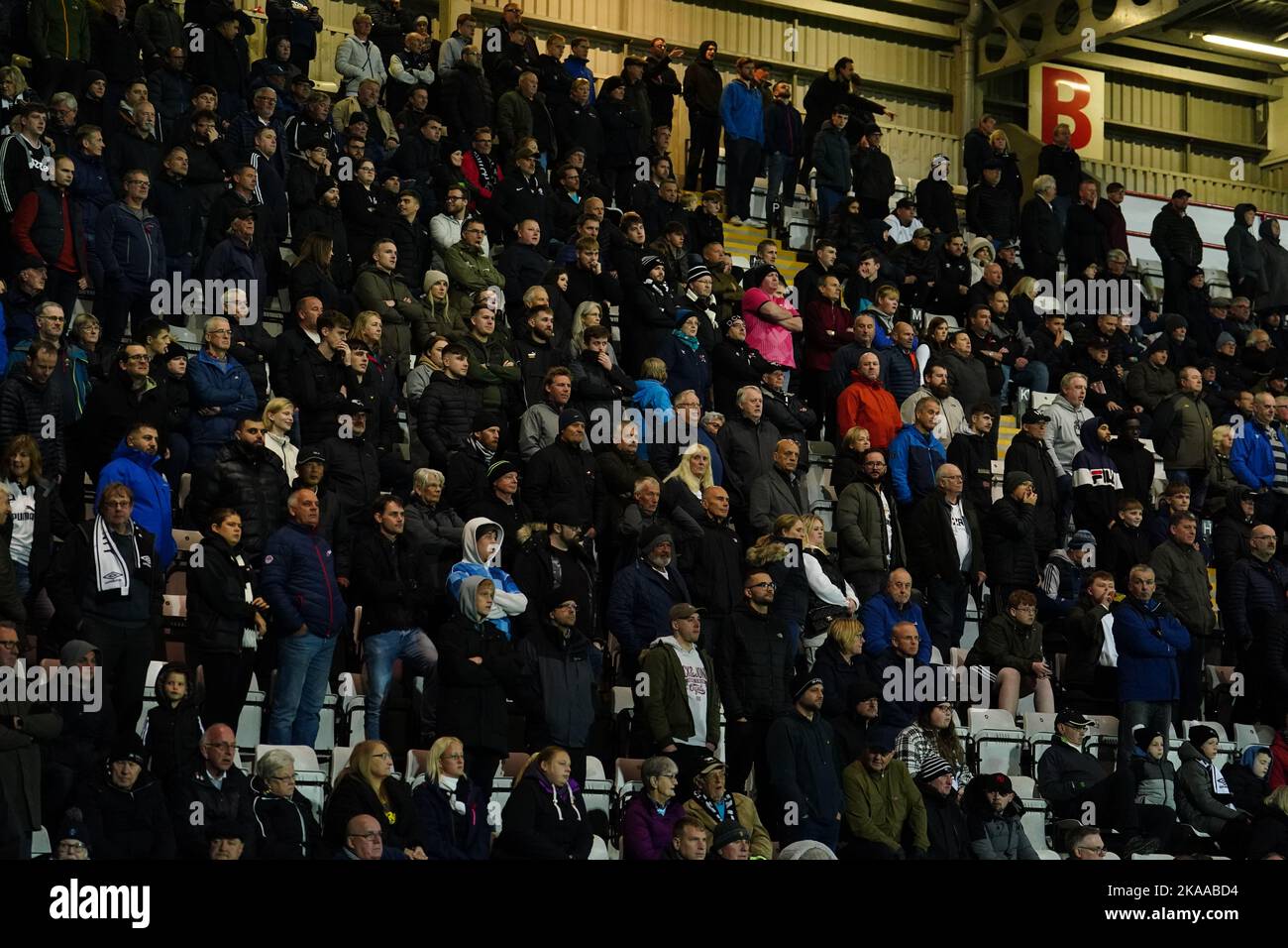 Derby County fans during the Sky Bet League One match at the Mazuma Stadium, Morecambe. Picture date: Tuesday November 1, 2022. Stock Photo