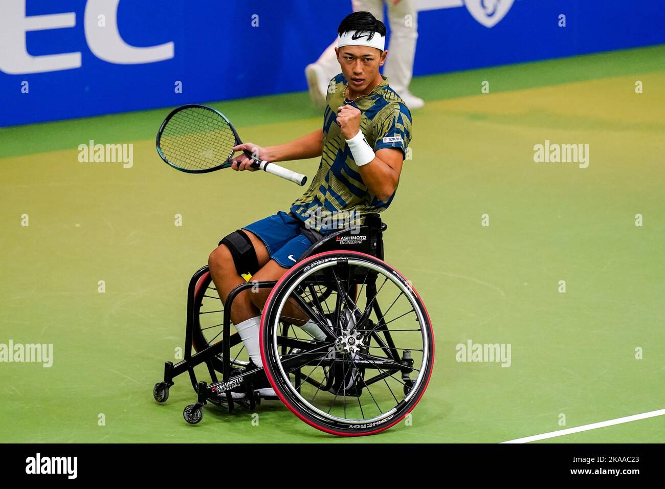 OSS, NETHERLANDS - NOVEMBER 1: Tokito Oda of Japan celebrates during his match against Alfie Hewett of Great Britain during Day 3 of the 2022 ITF Wheelchair Tennis Masters at Sportcentrum de Rusheuvel on November 1, 2022 in Oss, Netherlands (Photo by Rene Nijhuis/Orange Pictures) Stock Photo