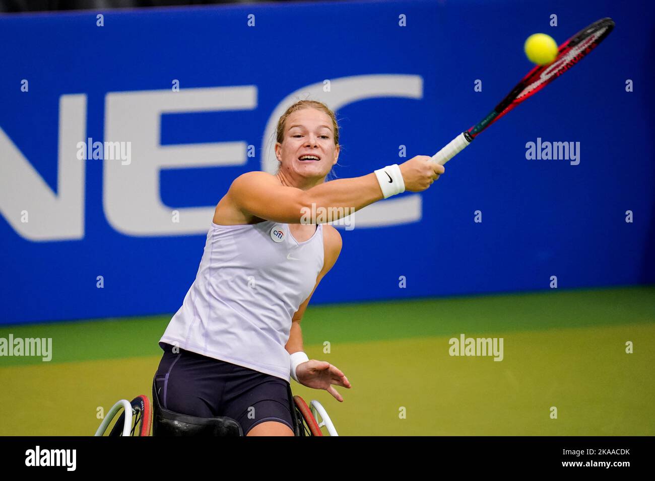 OSS, NETHERLANDS - NOVEMBER 1: Diede de Groot of the Netherlands in action against Kgothatso Montjane of South Africa during Day 3 of the 2022 ITF Wheelchair Tennis Masters at Sportcentrum de Rusheuvel on November 1, 2022 in Oss, Netherlands (Photo by Rene Nijhuis/Orange Pictures) Stock Photo