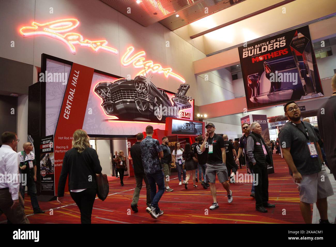 Las Vegas, United States. 01st Nov, 2022. Attendees walk by the entrance of the 2022 SEMA Show