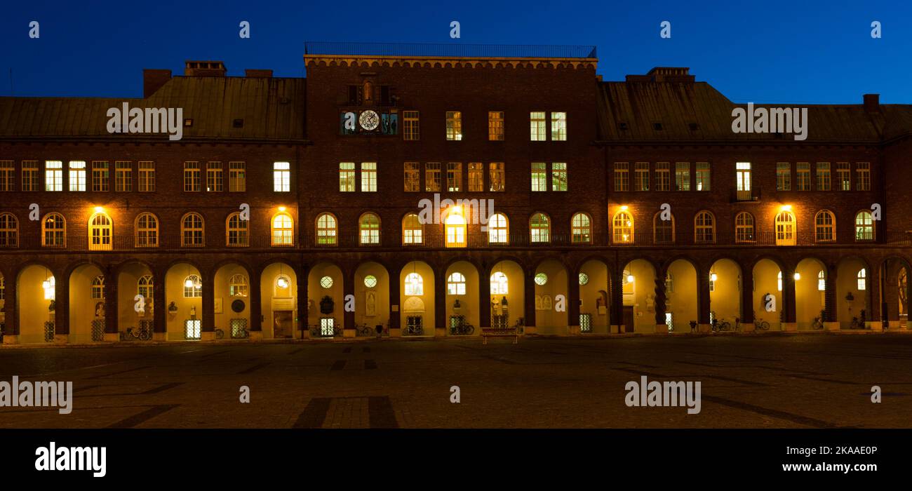 Illustration of view on Dom ter in night light of Szeged Stock Photo