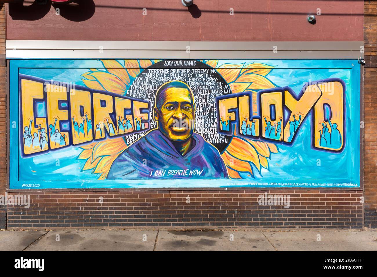 The 2020 painted George Floyd mural is on the side of the Cup Foods building in south Minneapolis, Minnesota. Stock Photo
