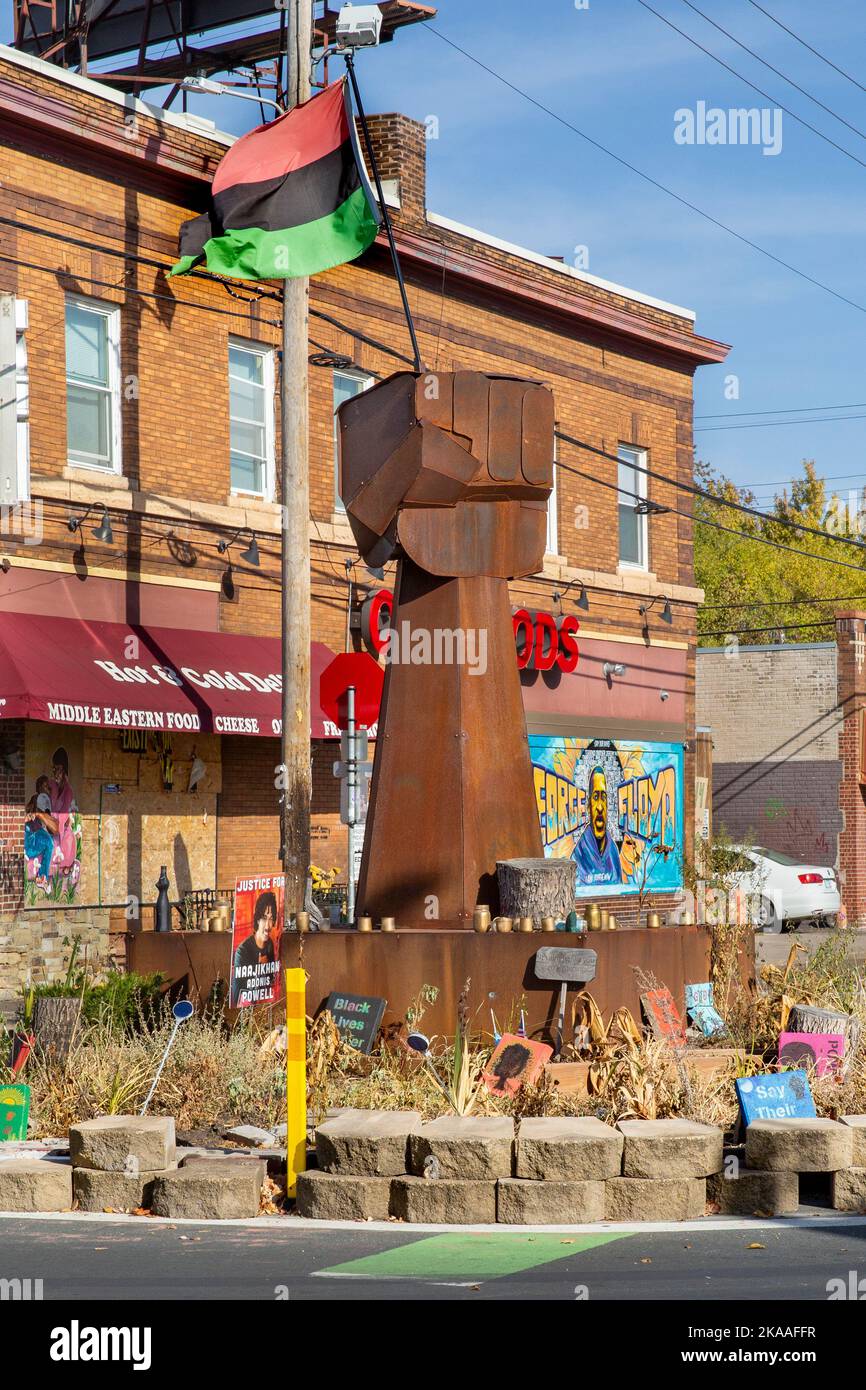 Clenched fist memorial metal sculpture at the site of 2020 killing of George Floyd by a police officer in South Minneapolis, Minnesota. Stock Photo