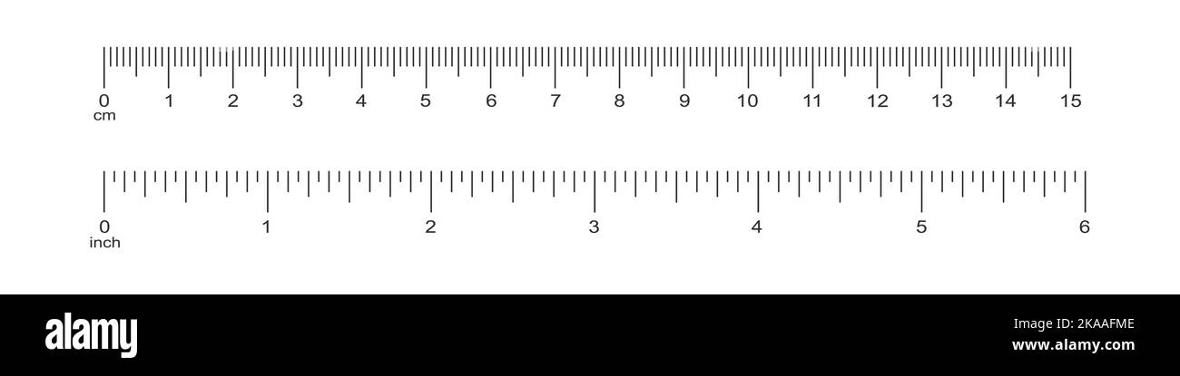 Horizontal scale with 6 inch and 15 centimeter markup and numbers. Measuring chart of metric and imperial units. Distance, height or length measurement tool templates. Vector graphic illustration Stock Vector