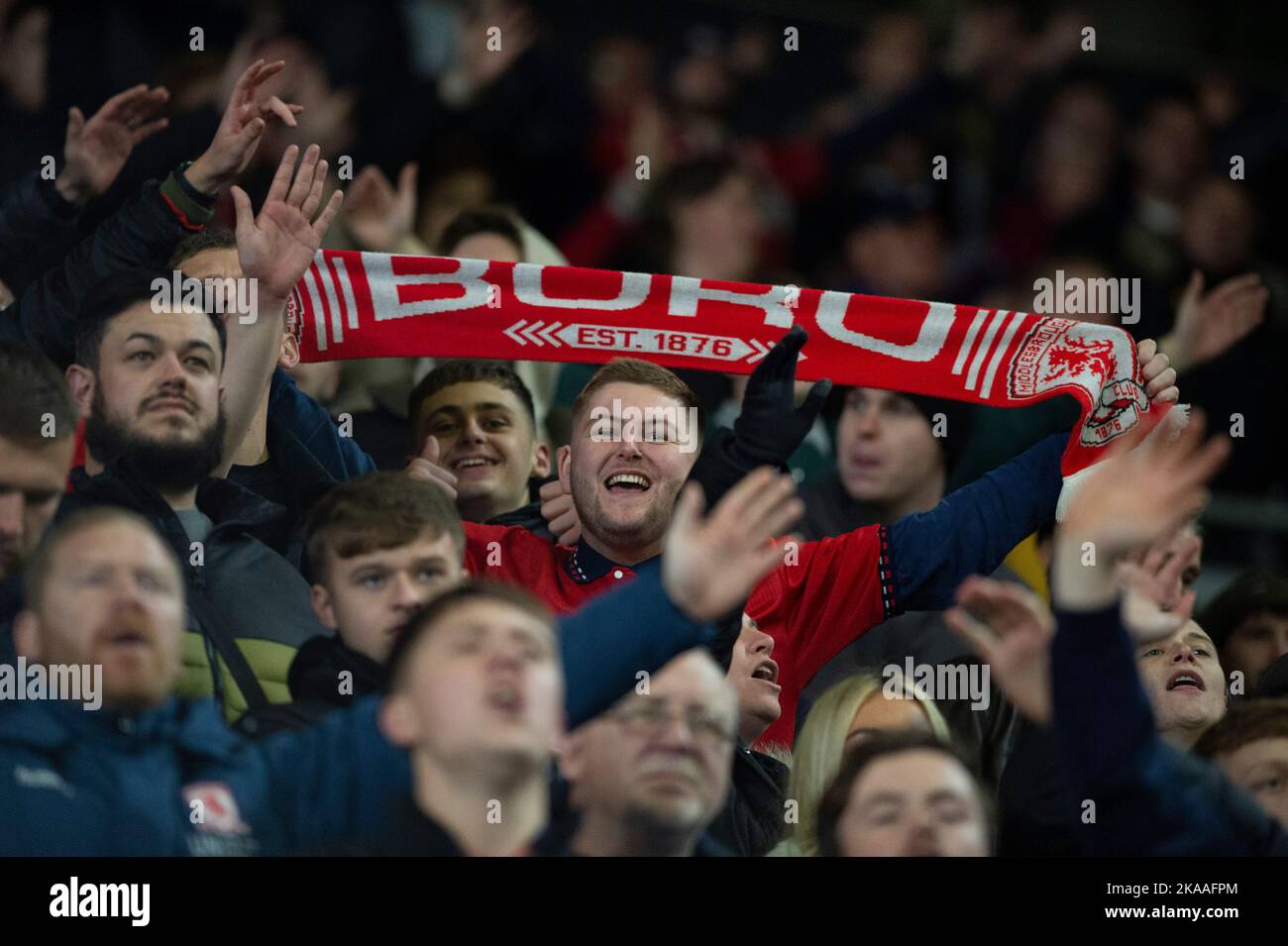 Middlesbrough fans celebrate a 1-3 win away at the Sky Bet Championship match between Hull City and Middlesbrough at the KC Stadium, Kingston upon Hull on Tuesday 1st November 2022. (Credit: Trevor Wilkinson | MI News) Credit: MI News & Sport /Alamy Live News Stock Photo