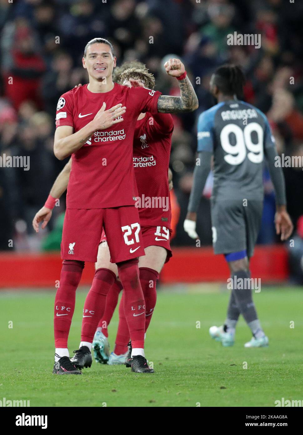 Liverpool, England: 1st November 2022, Anfield Stadium, Liverpool, England: Champions League football, Liverpool versus Napoli; Darwin Nunez of Liverpool celebrates after scoring his side's second goal after 8 minutes of added time for 2-0 Stock Photo