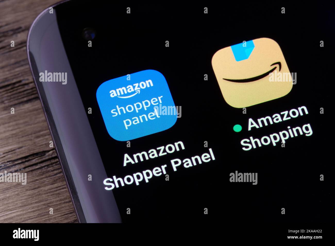 Amazon Shopper Panel and Amazon Shopping apps seen on smartphone screen. Stafford, United Kingdom, October 30, 2022 Stock Photo