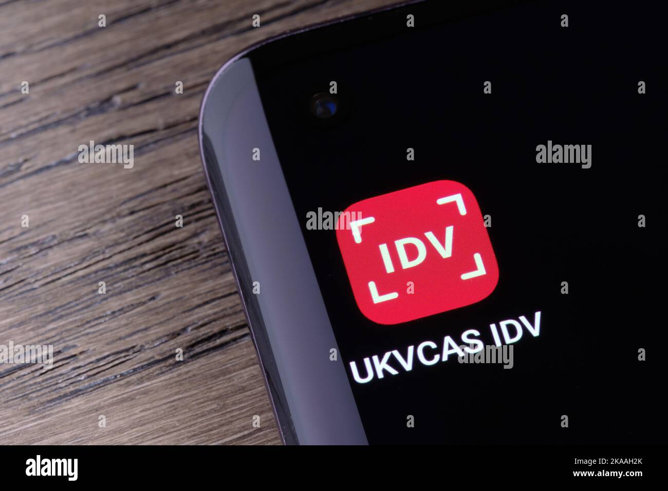 UKVCAS IDV app seen on smartphone. UK Visa and Citizenship Application Services app for Identity Verification and submitting visa documents. Stafford, Stock Photo