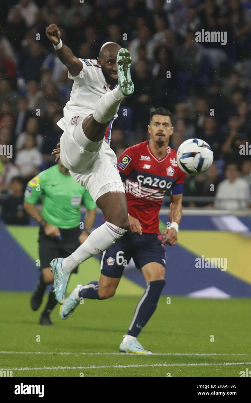 Moussa DEMBELE of Lyon and Jose DA ROCHA FONTE of Lille during the French championship Ligue 1 football match between Olympique Lyonnais (Lyon) and LOSC Lille on October 30, 2022 at Groupama stadium in Decines-Charpieu near Lyon, France - Photo: Romain Biard/DPPI/LiveMedia Stock Photo