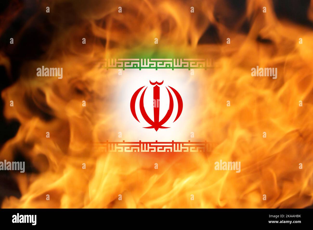 Defocus protest in Iran. Conflict war over border. Fire, flame. Country flag. Woman low rights. Out of focus. Stock Photo