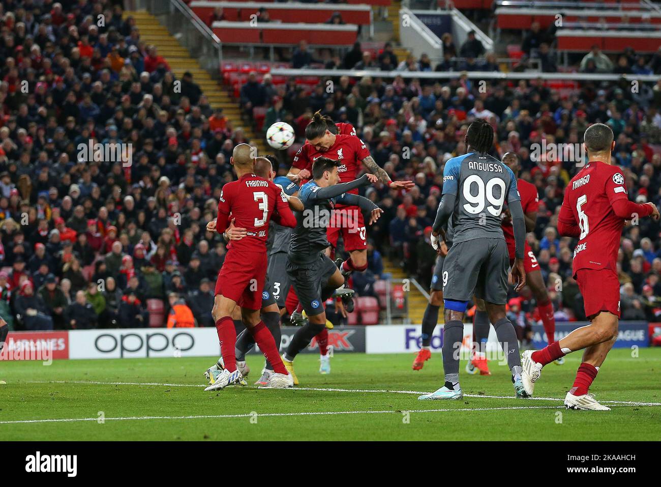 Liverpool, UK. 01st Nov, 2022. Darwin Nunez of Liverpool (c) heads at goal but it is saved off the line. UEFA Champions league, group A match, Liverpool v Napoli at Anfield Stadium in Liverpool on Tuesday 1st November 2022. this image may only be used for Editorial purposes. Editorial use only, license required for commercial use. No use in betting, games or a single club/league/player publications. pic by Chris Stading/Andrew Orchard sports photography/Alamy Live news Credit: Andrew Orchard sports photography/Alamy Live News Stock Photo