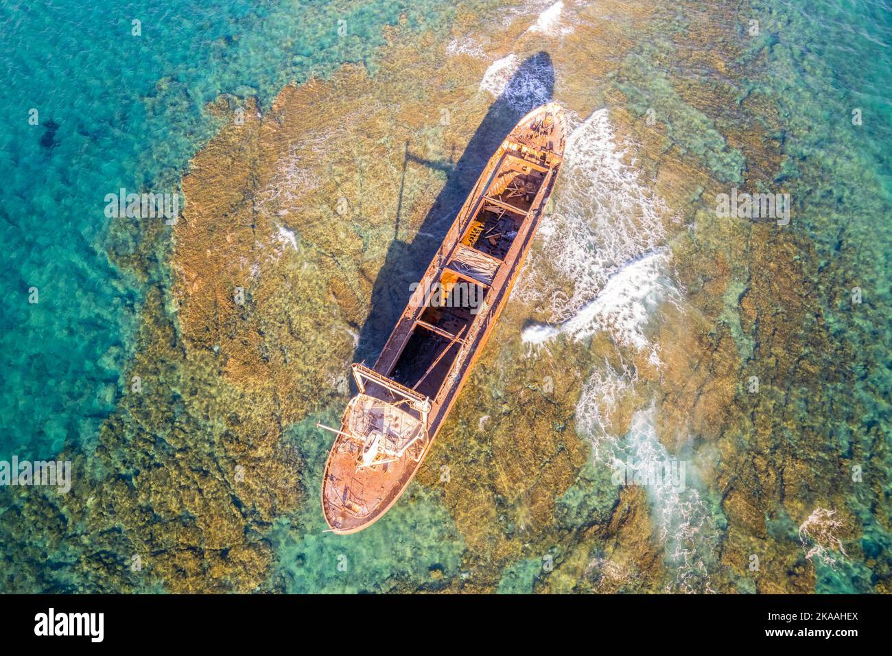 MV Demetrios II cargo ship wrecks on the coral riffs among the sea waves, Paphos, Cyprus Stock