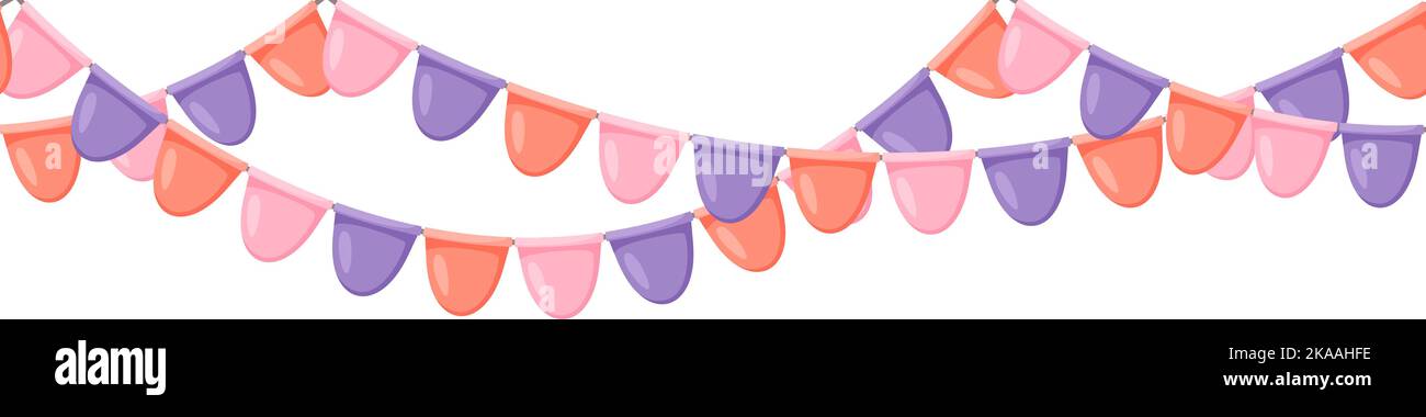 Celebration flag garland bunting. Pink, violet, orange pennants chain. Party flags decoration for wedding, birthday, baby shower, bridal shower Stock Vector