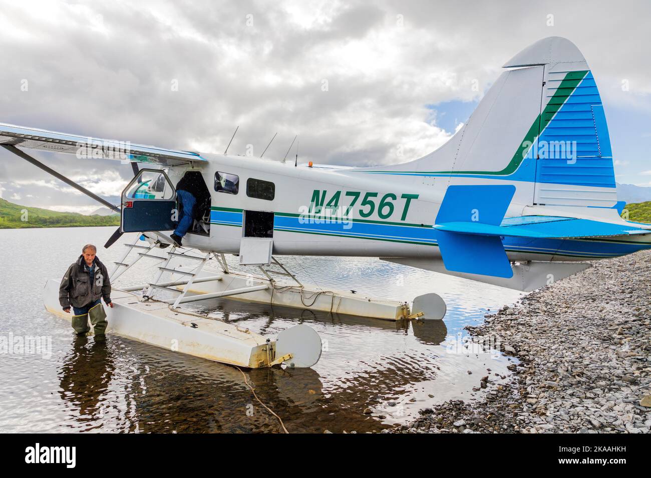 Bush pilot & guide Rolan Ruoss; Sea Hawk Air; de Havilland; Beaver; float plane; Kodiak Island; Alaska; USA Stock Photo