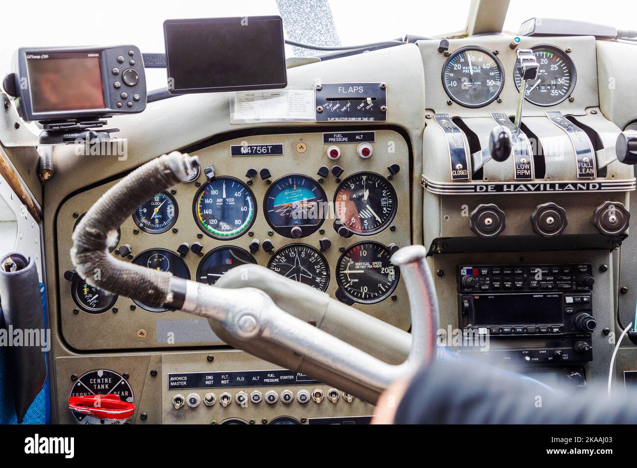 Cockpit view of instrumentatioin; de Havilland; Beaver; float plane; Kodiak Island; Alaska; USA Stock Photo