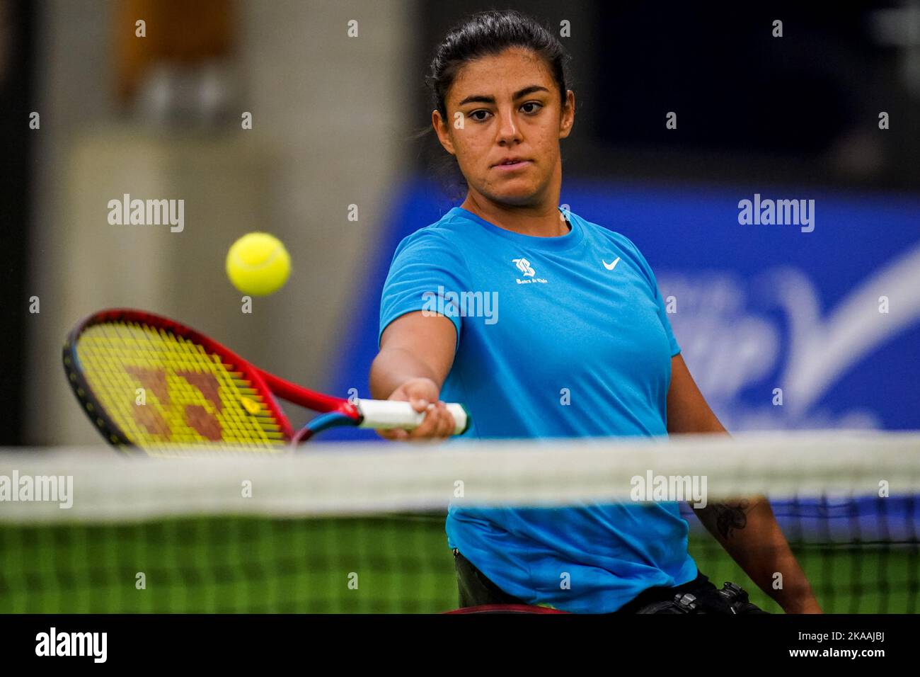OSS, NETHERLANDS - NOVEMBER 1: Macarena Cabrillana of Chili plays a volley in her women's doubles match with Maria Florencia Morena of Argentina against Katharina Kruger of Germany and Pauline Deroulede of France during Day 3 of the 2022 ITF Wheelchair Tennis Masters at Sportcentrum de Rusheuvel on November 1, 2022 in Oss, Netherlands (Photo by Rene Nijhuis/Orange Pictures) Stock Photo