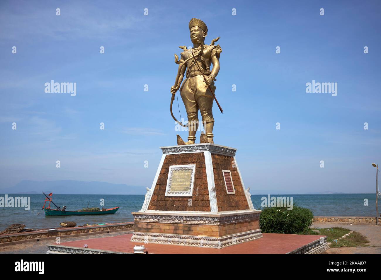 Statue of Sdech Korn (Srei Chettha II) King of Cambodia at the Fishing Village Crab Market in Kep Cambodia Stock Photo