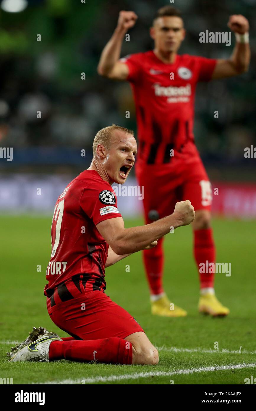 Lisbon, Portugal. 1st Nov, 2022. Sebastian Rode of Frankfurt celebrates the victory at the end of the UEFA Champions League Group D football match between Sporting CP and Eintracht Frankfurt at the Alvalade stadium in Lisbon, Portugal on November 1, 2022. (Credit Image: © Pedro Fiuza/ZUMA Press Wire) Stock Photo