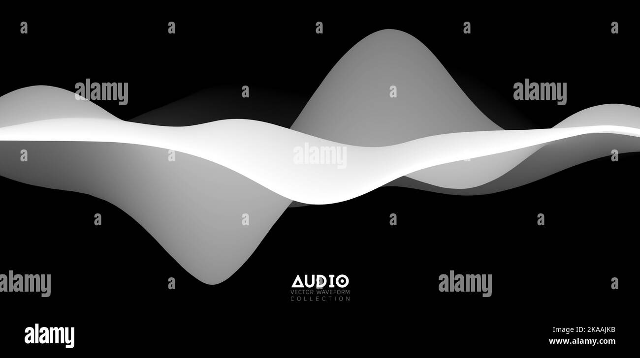 Sound wave visualiztion. 3D black and white solid waveform. Voice sample pattern. Stock Vector