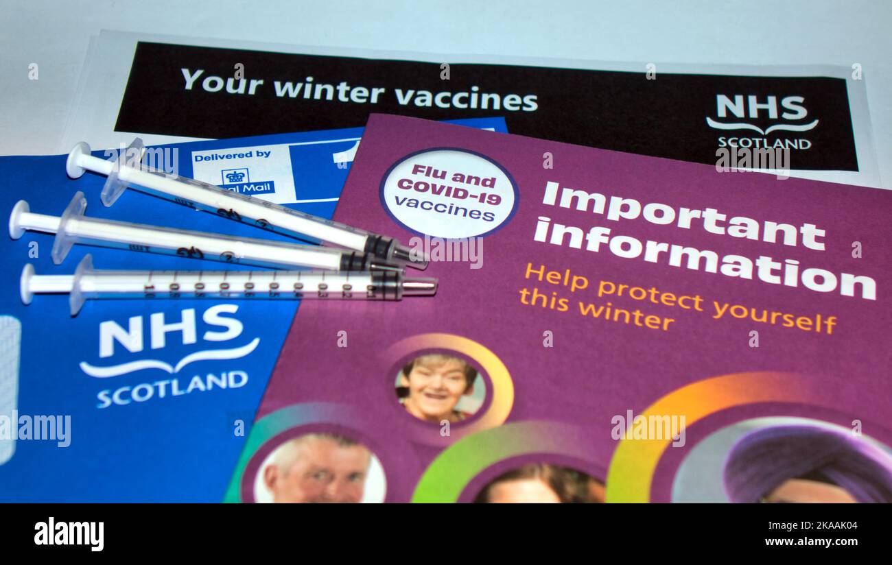 Glasgow, Scotland, UK 1st  November, 2022.  Vaccines roll out over Scotland as appointments for flu and covid booster appointments cone through letter boxes . Credit Gerard Ferry/Alamy Live News Stock Photo