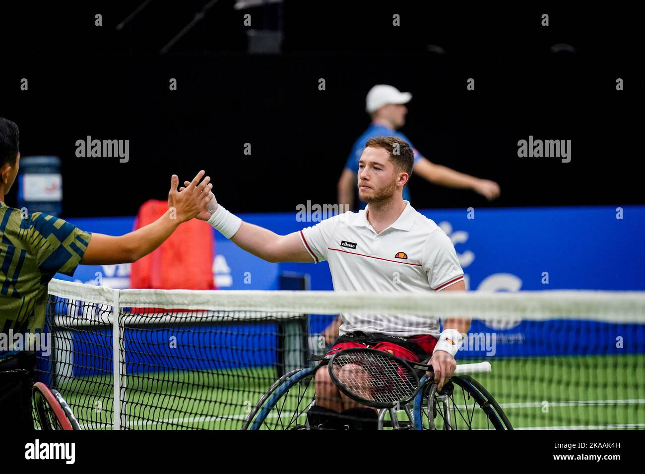 OSS, NETHERLANDS - NOVEMBER 1: Alfie Hewett of Great Britain after his men's singles match against Tokito Oda of Japan during Day 3 of the 2022 ITF Wheelchair Tennis Masters at Sportcentrum de Rusheuvel on November 1, 2022 in Oss, Netherlands (Photo by Rene Nijhuis/Orange Pictures) Stock Photo