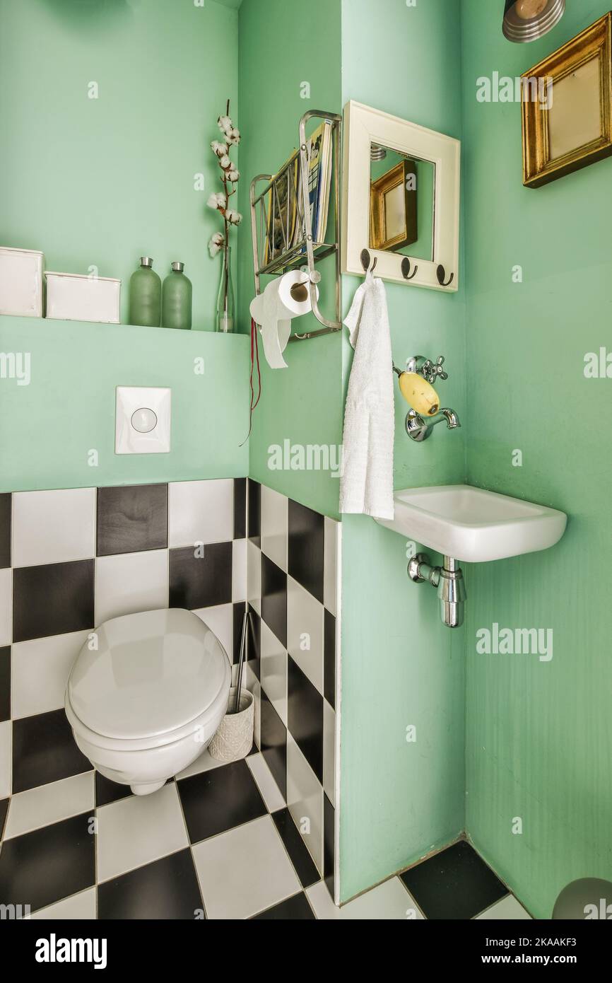 Toilet and sink installed on black and white tiled walls near mirror ...