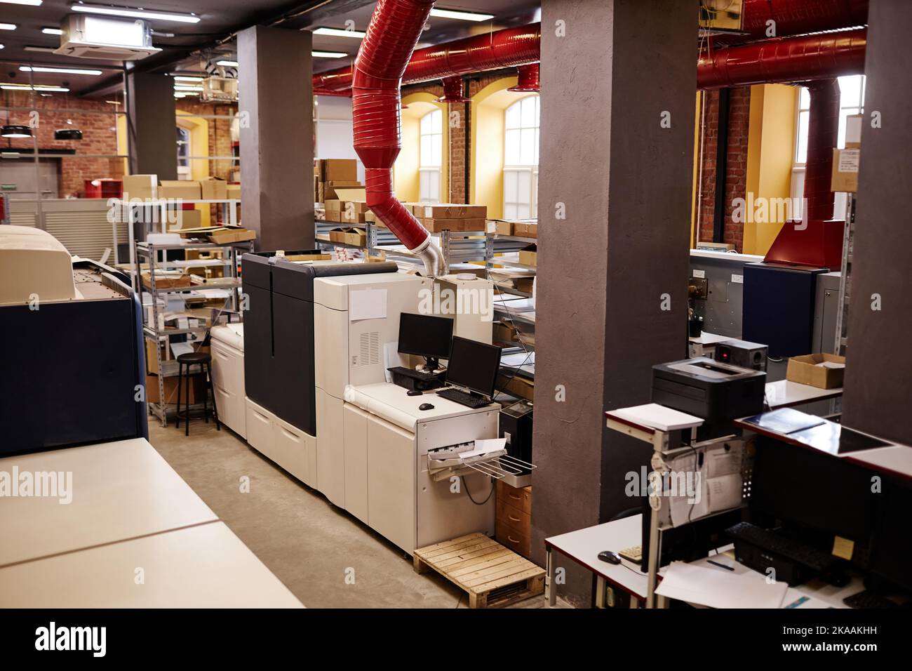 Wide angle background image of printing factory copy space