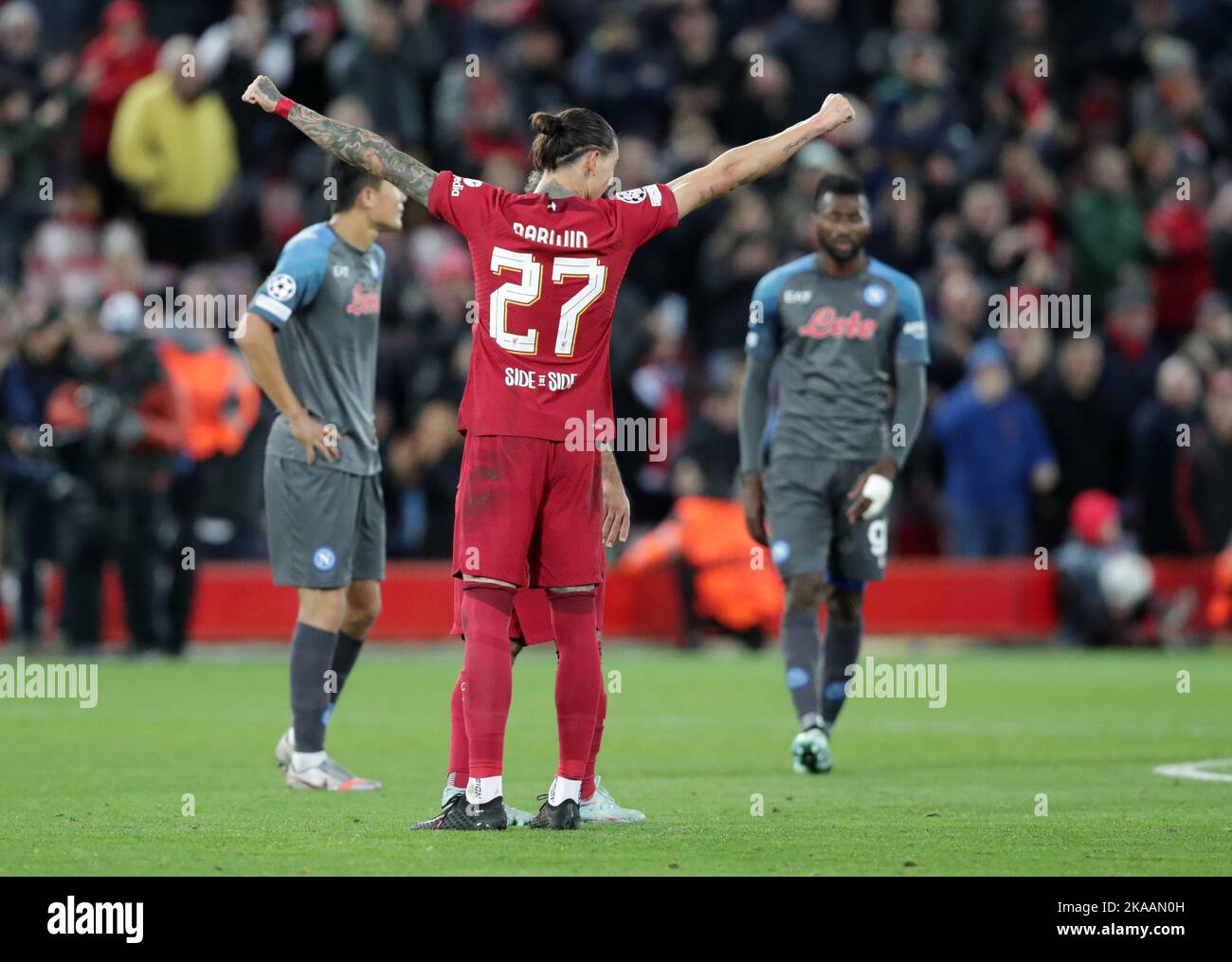 Anfield Stadium, Liverpool, England: 1st November 2022,  Champions League football, Liverpool versus Napoli; Darwin Nunez of Liverpool celebrates after scoring his side's second goal after 8 minutes of added time 2-0 Stock Photo