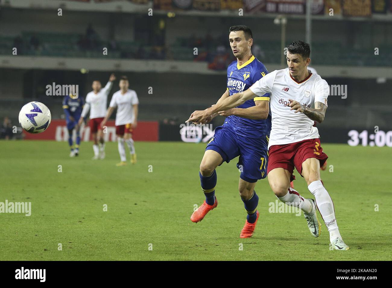 Kevin Lasagna of Hellas Verona FCcompetes for the ball with Roger Ibanez Da Silva of AS Roma during Hellas Verona vs AS Roma, 12° Serie A Tim 2022-23 Stock Photo