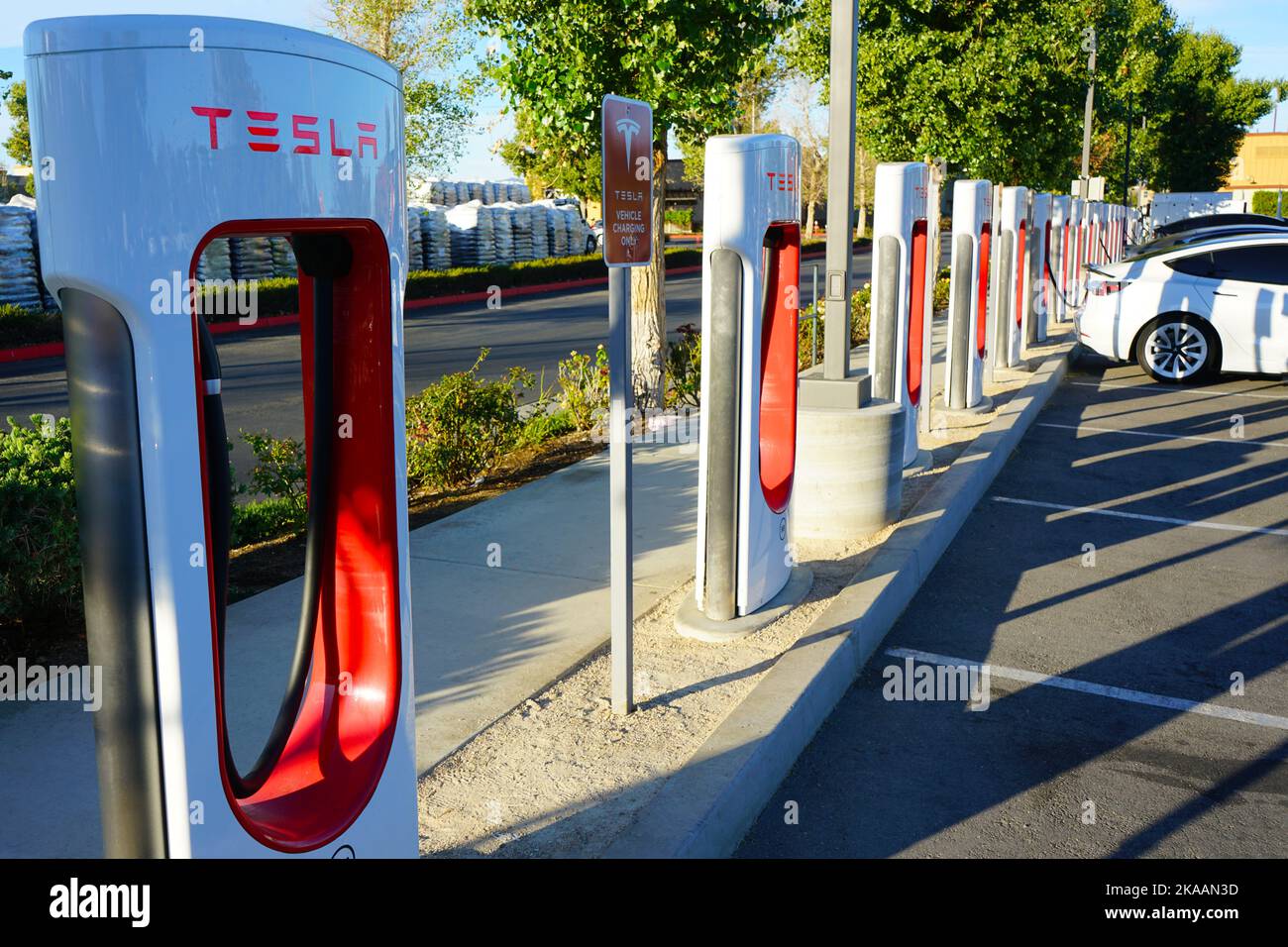 Menifee, CA, USA - October 31, 2022: A row of white Tesla charging at Tesla Supercharger Stations. Stock Photo