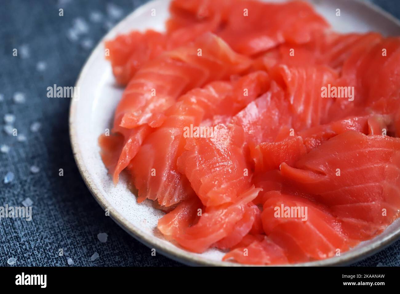 Close-up. Salted salmon fillet on a plate. Stock Photo