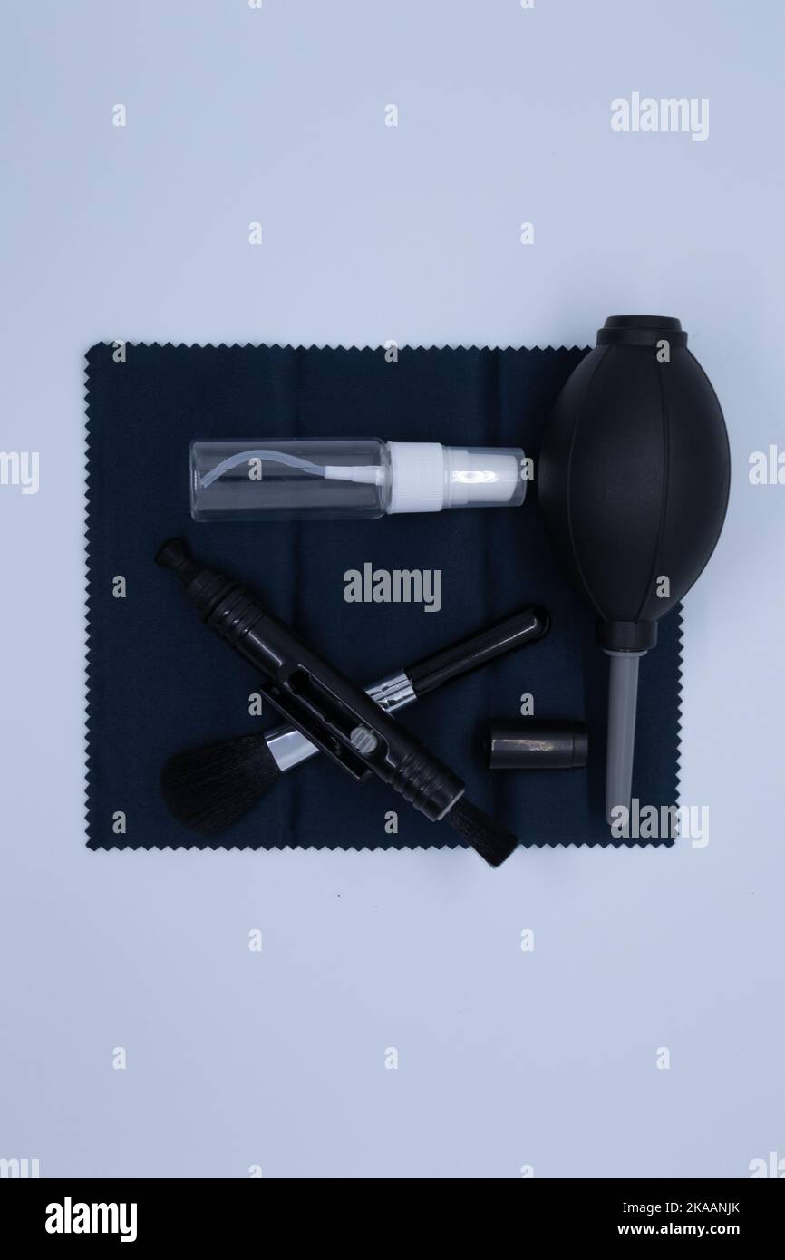 Cleaning supplies for cameras and various objects on a white background Stock Photo
