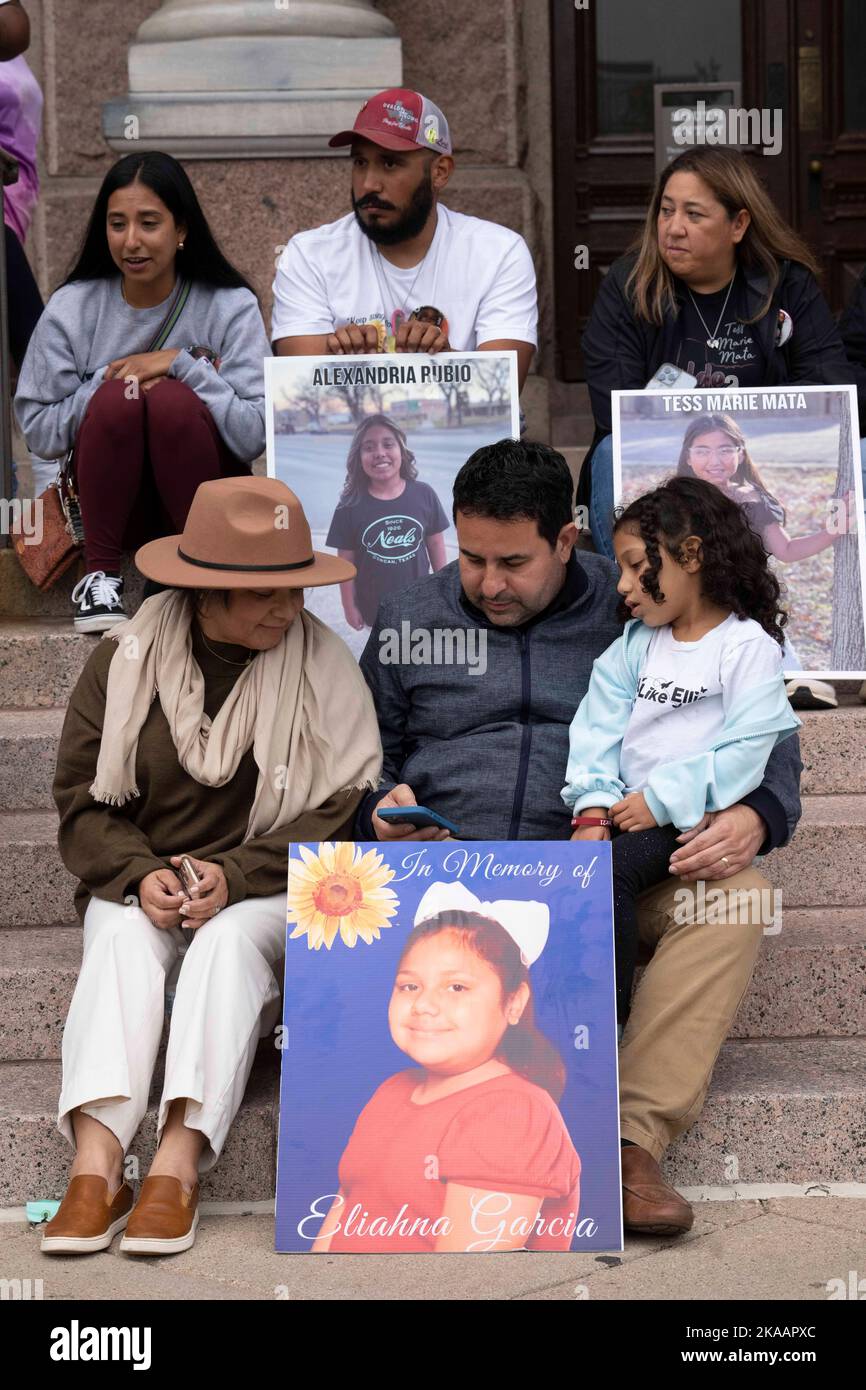 Families of the 21 victims of the May 24, 2022 Uvalde school massacre gather at the Texas Capitol and later march to the Governor's Mansion in honor of their loved ones with a traditional Dia de los Muertos ceremony on November 1, 2022. The traditional Mexican holiday translates into 'Day of the Dead'. Credit: Bob Daemmrich/Alamy Live News Stock Photo