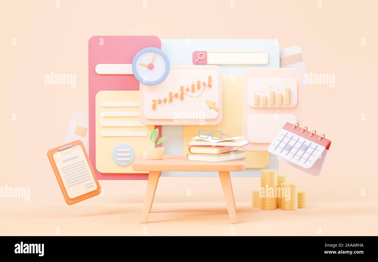 Candlestick chart and website page, 3d rendering. Digital drawing Stock