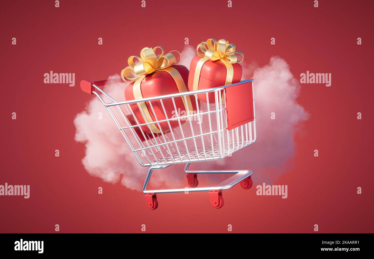 Gift box and shopping cart with cloud background, 3d rendering. Digital ...