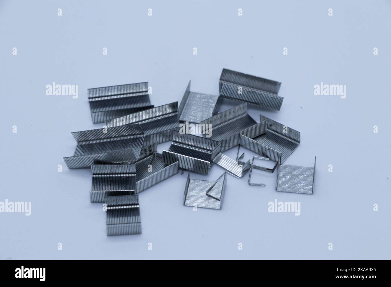 Gray staples on white background Stock Photo