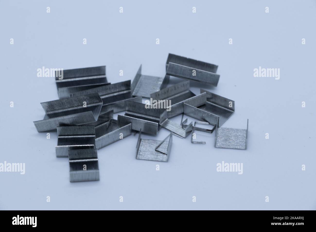 Gray staples on white background Stock Photo