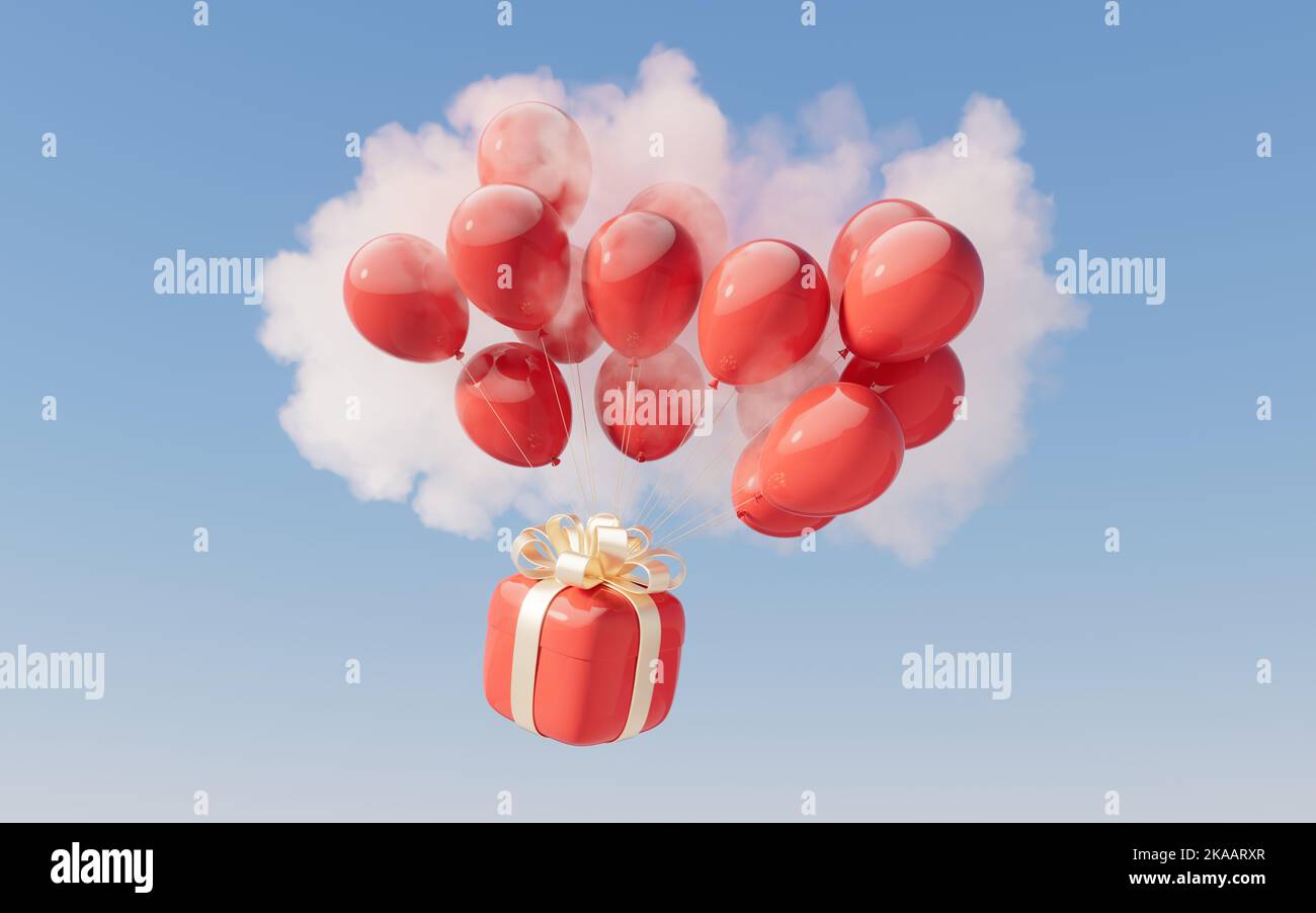 Gift box and balloon with cloud background, 3d rendering. Digital ...