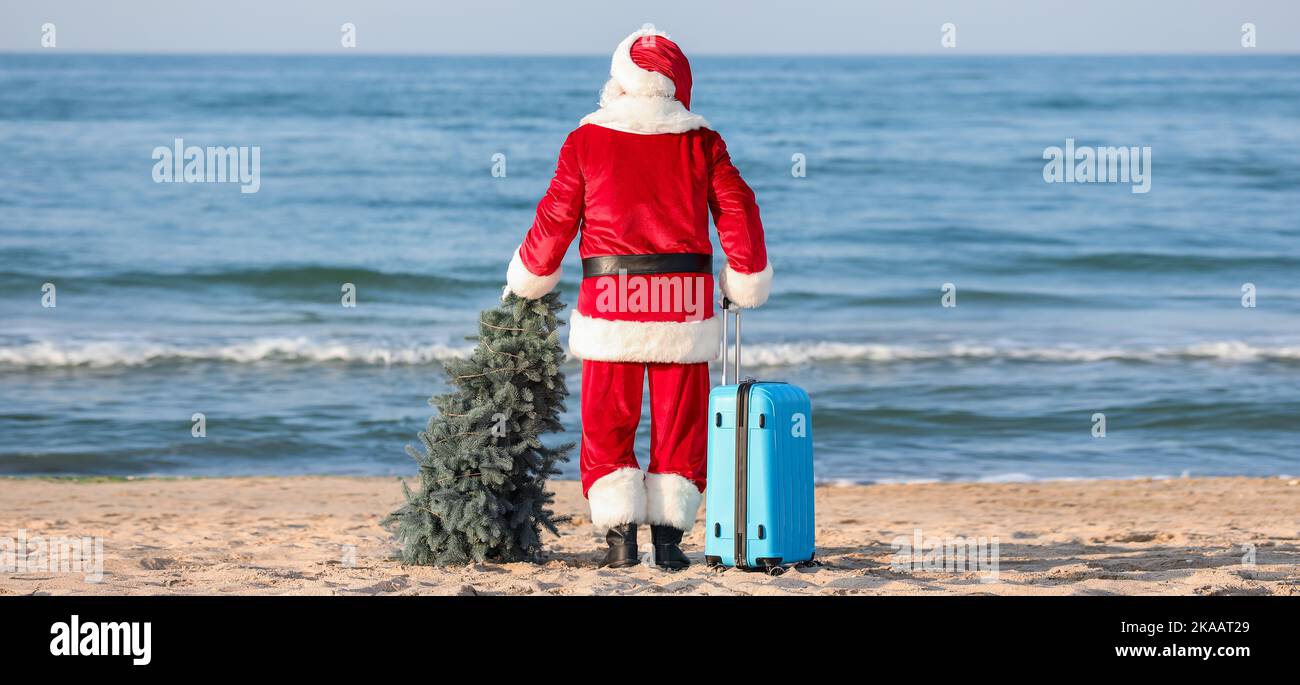 Santa Claus with suitcase and Christmas tree at sea resort Stock Photo ...