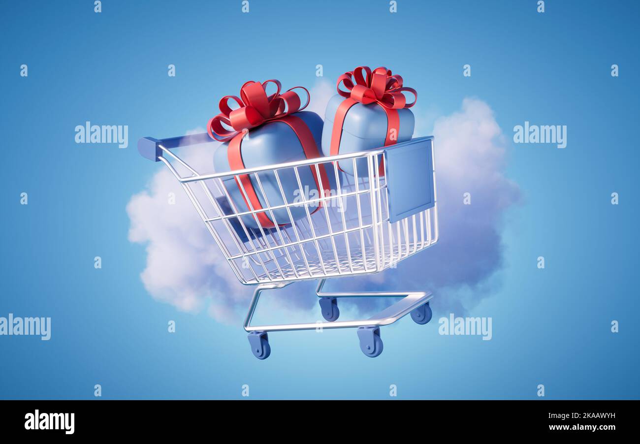 Gift box and shopping cart with cloud background, 3d rendering. Digital ...