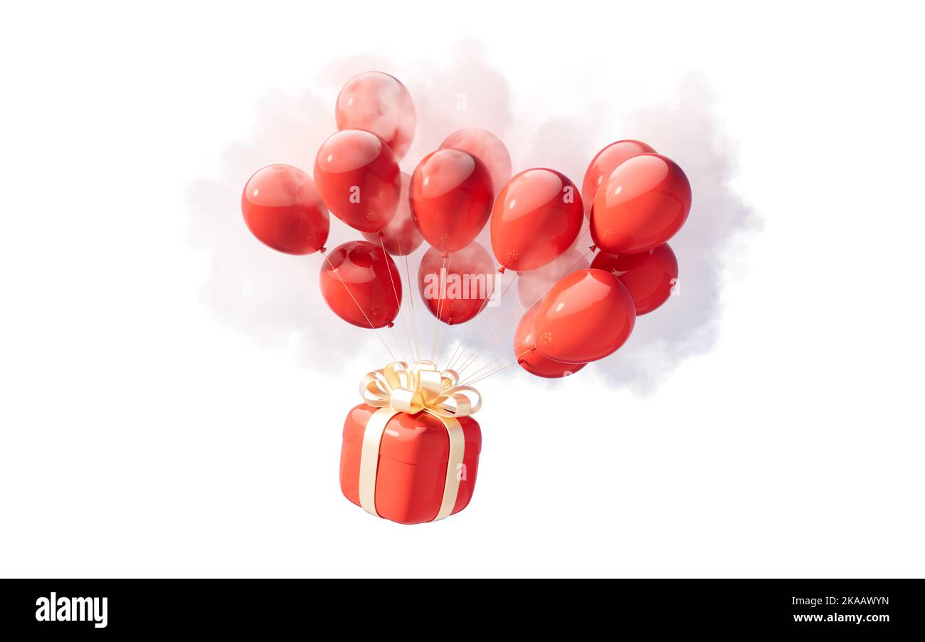 Gift box and balloon with cloud background, 3d rendering. Digital ...