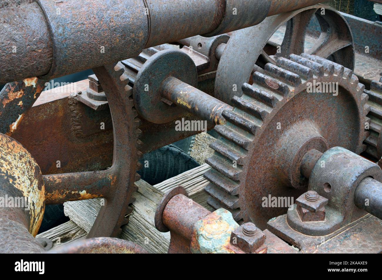 Close Up of Patina Rust on tow truck gears after 7 decades in the hot