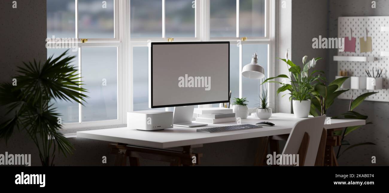 Modern minimal home office workplace against the window interior design ...