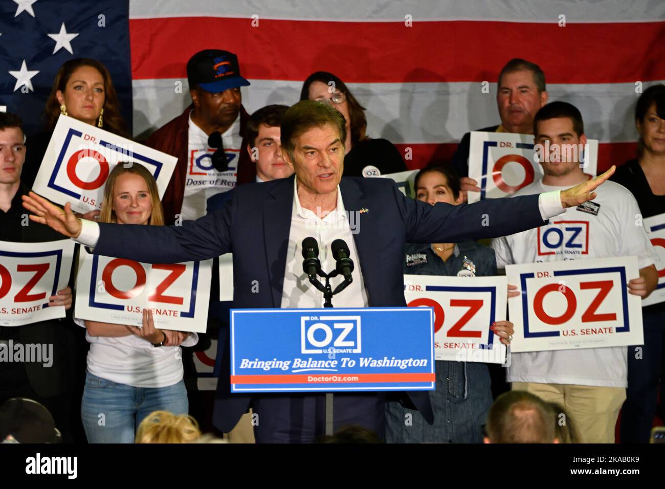 Bensalem, United States. 01st Nov, 2022. Dr. Mehmet Oz, Republican candidate for U.S. Senate speaks during a rally in Bensalem, PA, USA on November 1. 2022. With a week left until Election Day, Oz and his opposition, Democratic candidate PA Lt. Gov. John Fetterman, hold rallies around the Keystone State to find support for their campaigns in a thigh and closed-watched race of a Pennsylvania U.S. Senate seat. Credit: OOgImages/Alamy Live News Stock Photo