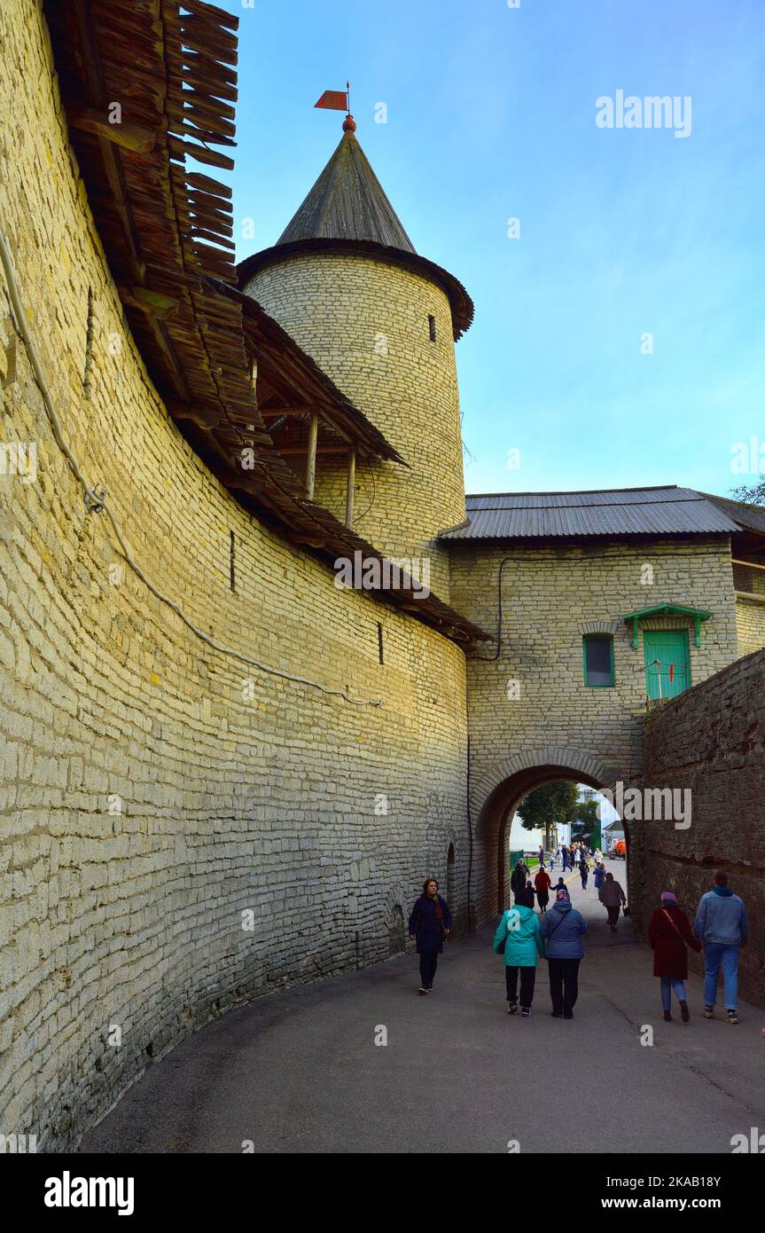 Pskov, Russia, 09.25.2022. The Old Russian Pskov Kremlin. Defensive corridor at the Trinity Tower of the fortress walls Stock Photo