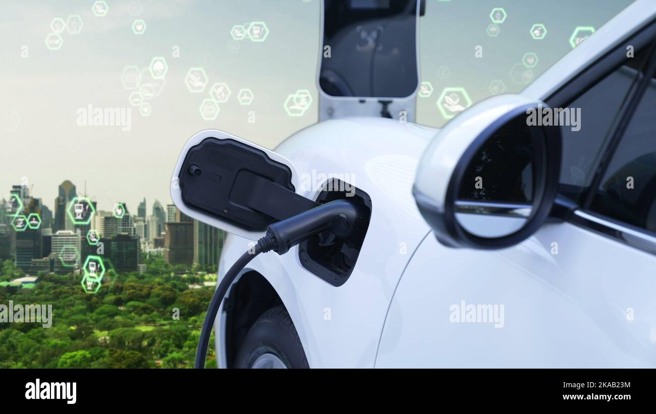 Progressive green city ESG symbol background with electric vehicle, EV