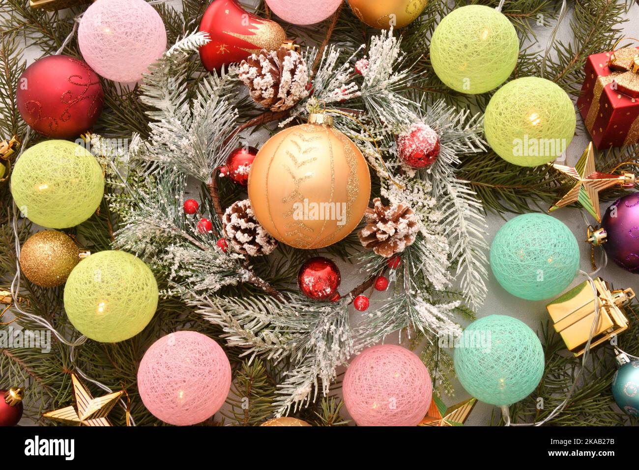 Colorful Christmas garland and decorative decorations for the Christmas tree Stock Photo